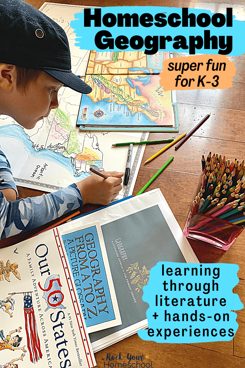 Young boy using color pencil to work on map of the United States with book in background and resources from Geography Through Literature K-3 pack from Beautiful Feet Books