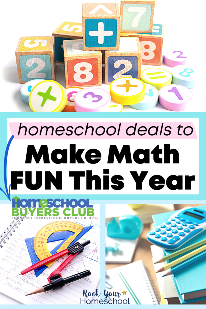 Variety of colorful blocks with numbers and math symbols and a notebook with a protractor and other math rulers and light blue school supplies to feature these summer homeschool deals for math and more at Homeschool Buyers Club