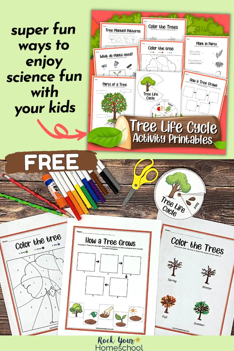 free printable pages of tree life cycle activities with red and green pencils, rainbow of markers, glue stick, and yellow scissors on wood background