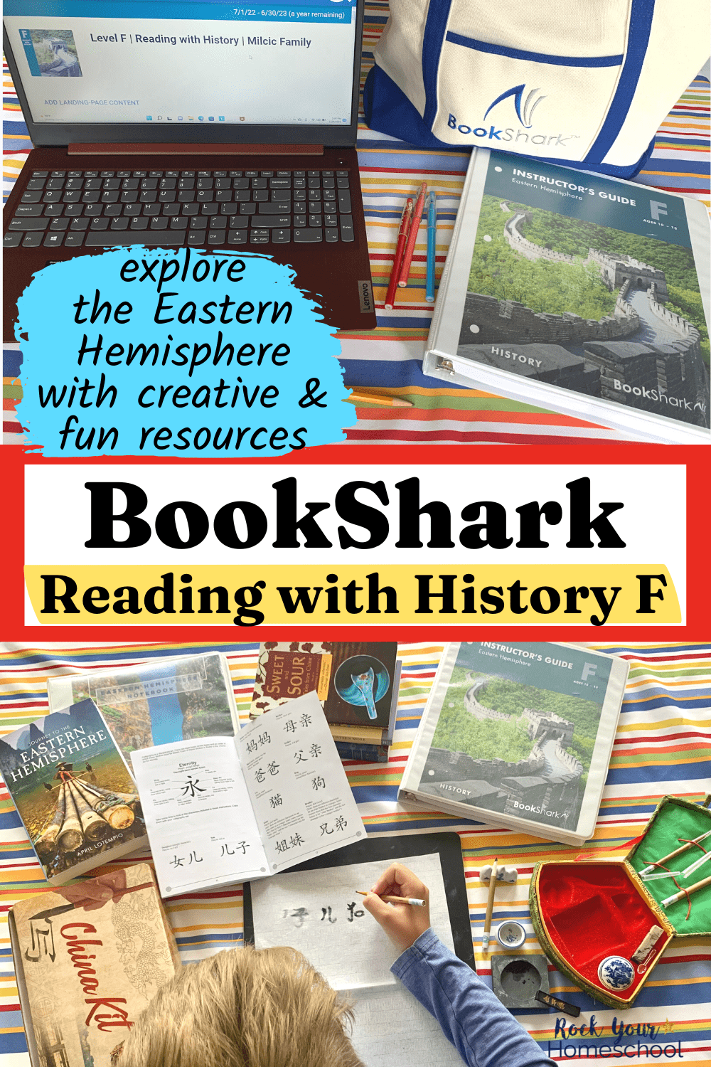 laptop with BookShark Virtual for Reading with History Level F, BookShark tote bag, and Instructor's Guide and tween boy using calligraphy set from China kit with BookShark materials in background to show the creative and resources to engage your students