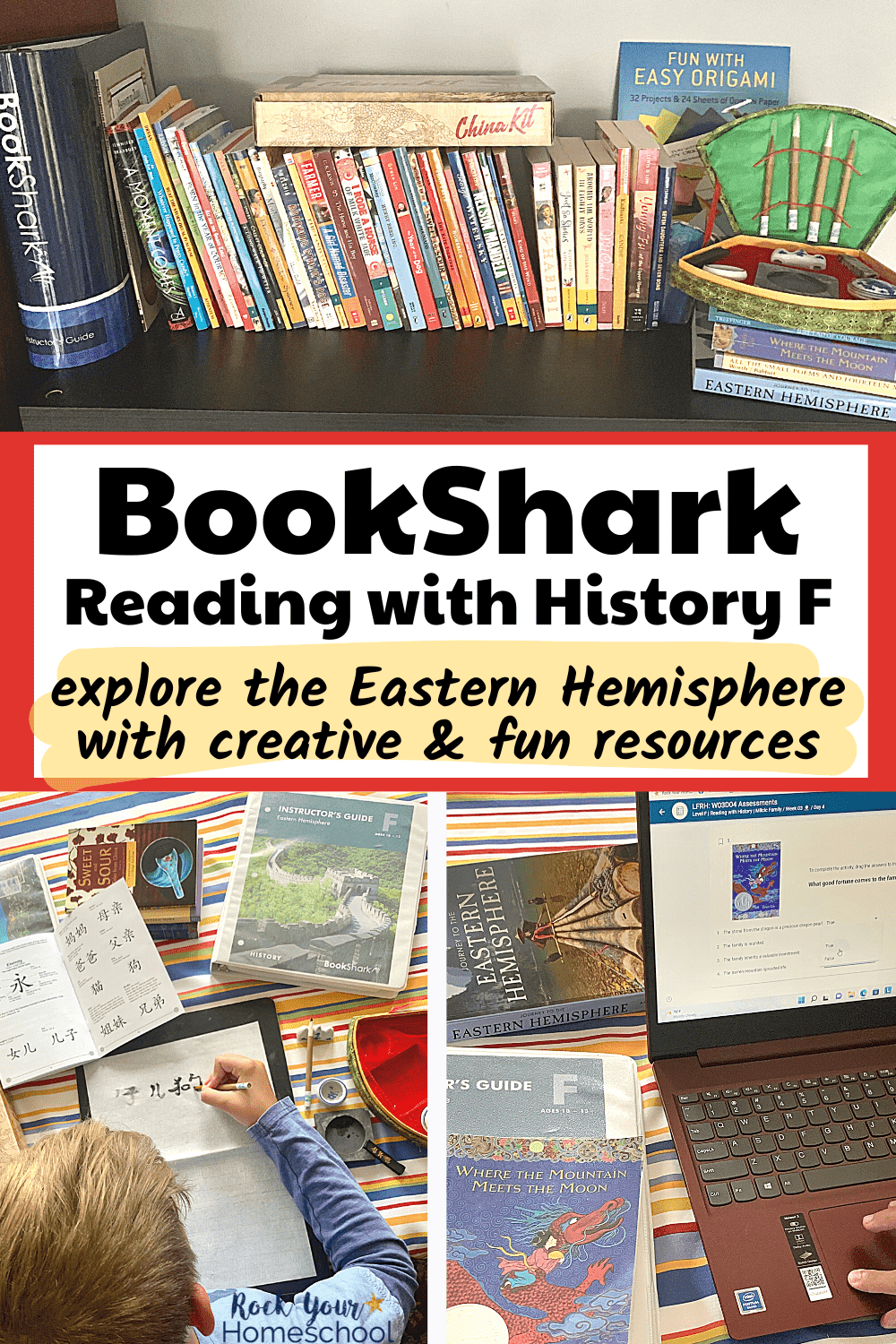 display of BookShark Reading with History F materials on black bookshelf and tween boy using calligraphy set from China Kit with BookShark materials in background and teen boy using laptop to access BookShark Virtual for online assessment of literature assignment