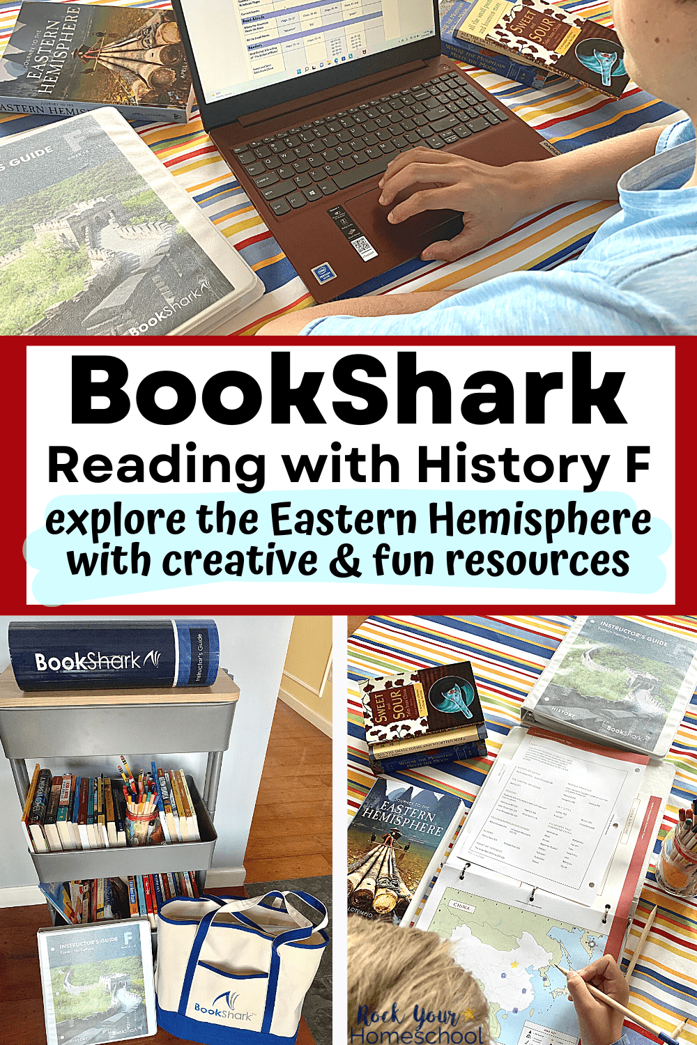 Teen boy using laptop to access BookShark Virtual schedule and rolling cart and tote bag filled with BookShark Reading with History Level F materials and tween boy using color pencils to complete map work with BookShark materials in background