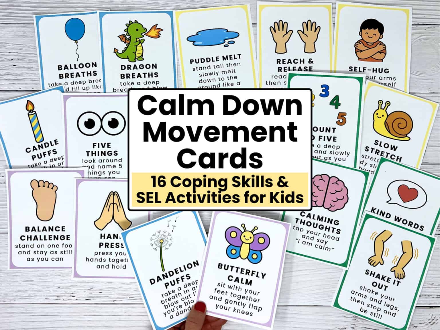 16 printable calm down movement cards for kids to practice coping skills and SEL activities.