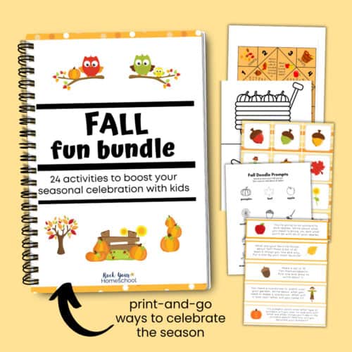Fall Fun Bundle cover in spiral notebook mock-up with examples of the 24 printable activities included in the pack like fall cootie catcher, fall popsicle stick activities, fall memory game, fall doodle prompts, and fall conversation starters.