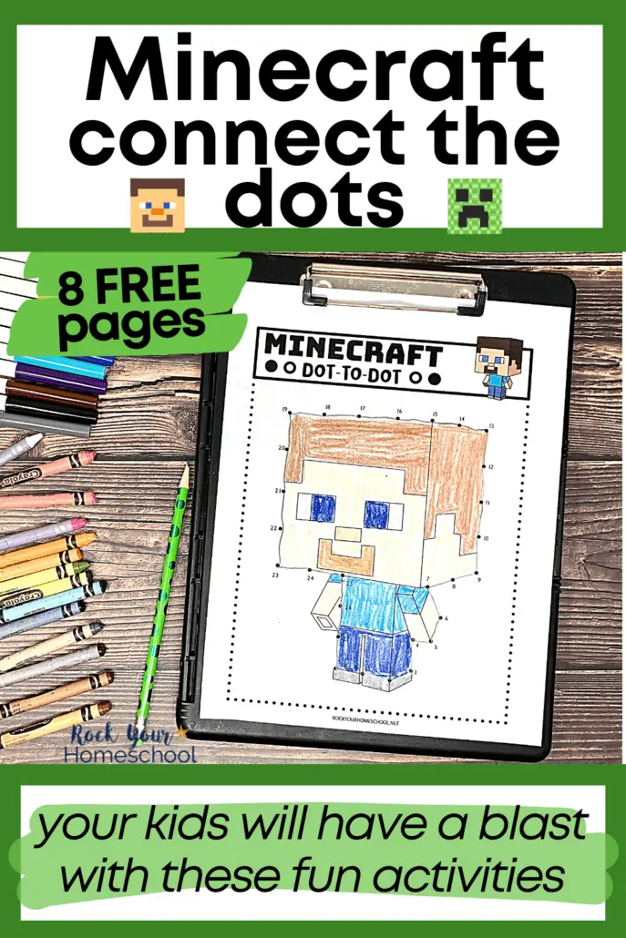 example of free Minecraft connect the dots activities on black clipboard with rainbow of markers and crayons and green pencil on wood background