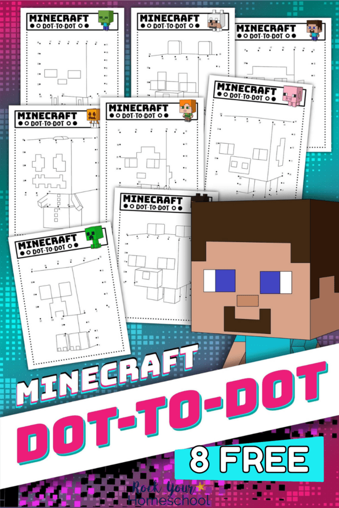 Mock-up of 8 free Minecraft connect the dots activities with Steve