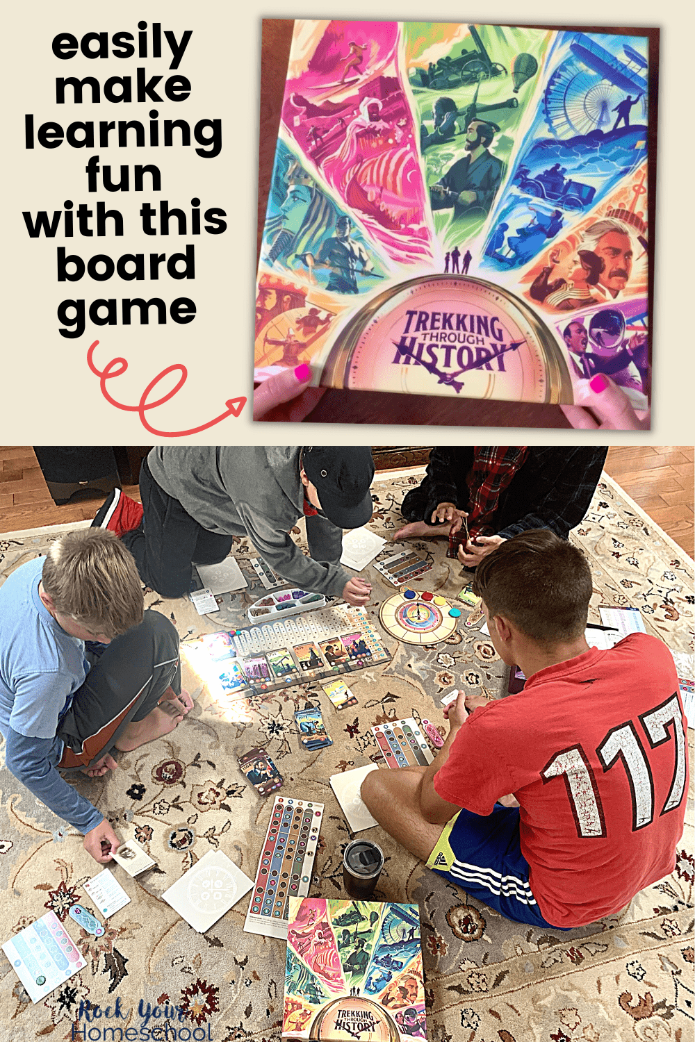 Woman holding Trekking Through History board game and 4 boys playing this educational board game on carpet