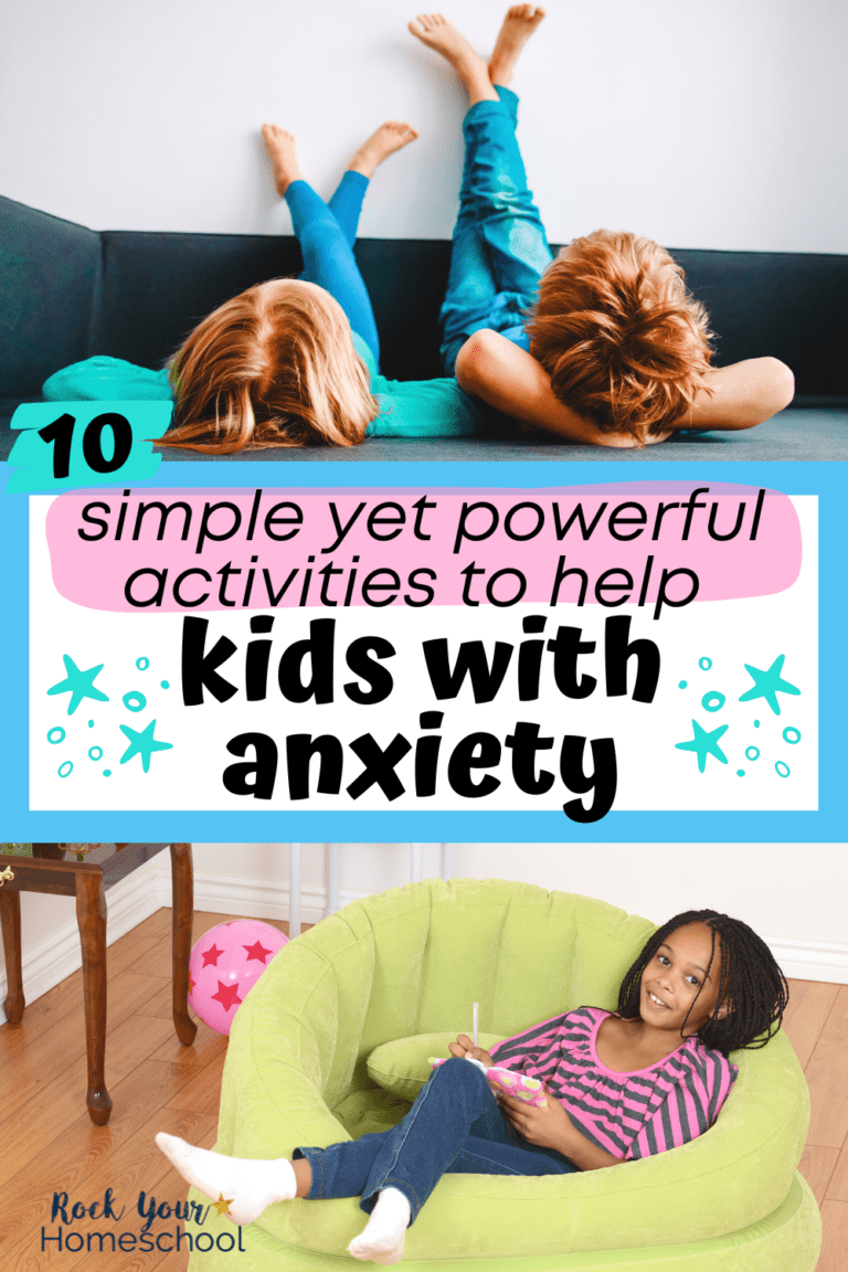 Boy and girl laying back on couch with feet crossed and up against wall and young girl on lime green beanbag chair writing in a pink journal to feature these 10 simple yet powerful activities to help kids with anxiety