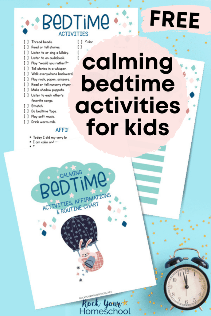 mock-up of free printable calming bedtime activities on blue background with gold stars and alarm clock