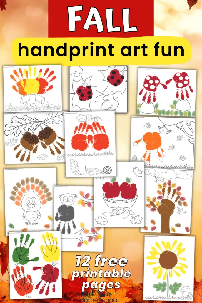 12 color examples of free fall handprint art activities with themes of leaves, sunflower, autumn tree, basket of apples, owl, turkey, fox, pumpkin, acorns, mushrooms, ladybugs on leaves, and campfire on fall background