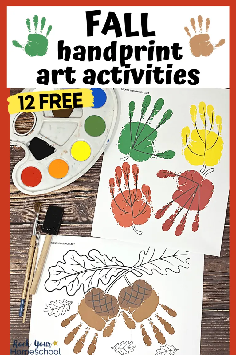 2 color examples of 12 free fall handprint art activities featuring green, yellow, and orange leaves and two brown acorns with rainbow of paints on palette with paint brushes on wood background