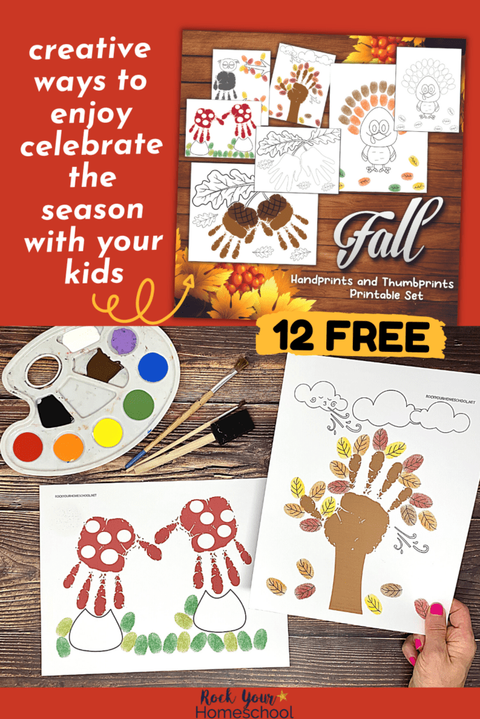 free fall handprint art activities with 2 color examples featuring mushrooms and autumn tree with rainbow of paints and paint brushes on wood background