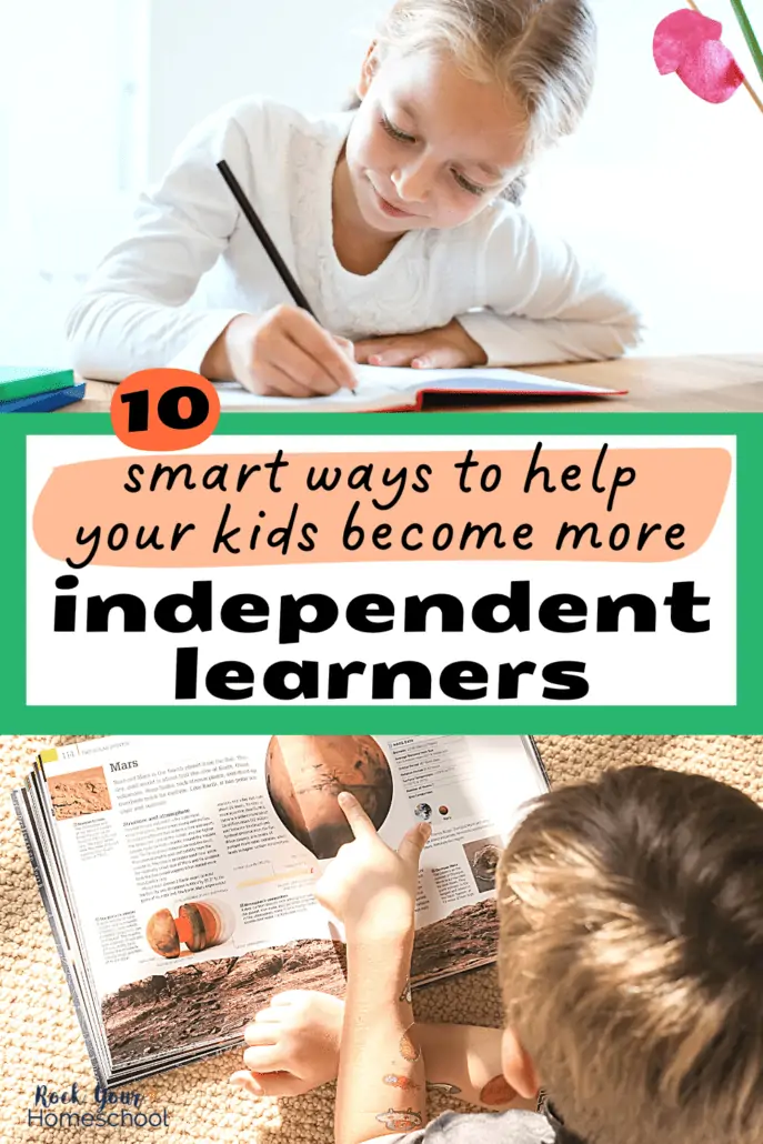 Smiling girl who is writing in journal and boy reading science book about the planet Mars to feature how you can use these tips and ideas to help your kids become more independent learners