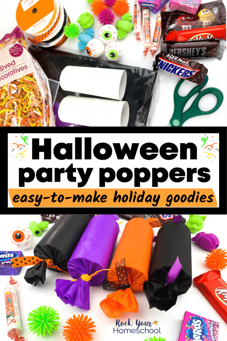 Halloween party poppers supplies including tissue paper, toilet paper rolls, scissors, ribbon, paper shred, candy, and small toys