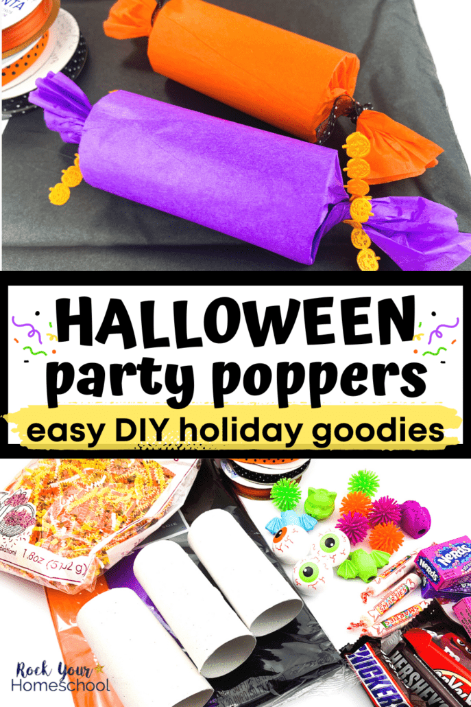 Halloween party poppers in orange and purple on black tissue paper and supplies to make these special treats including paper shred, ribbon, small toys, candy, white toilet paper rolls, and more