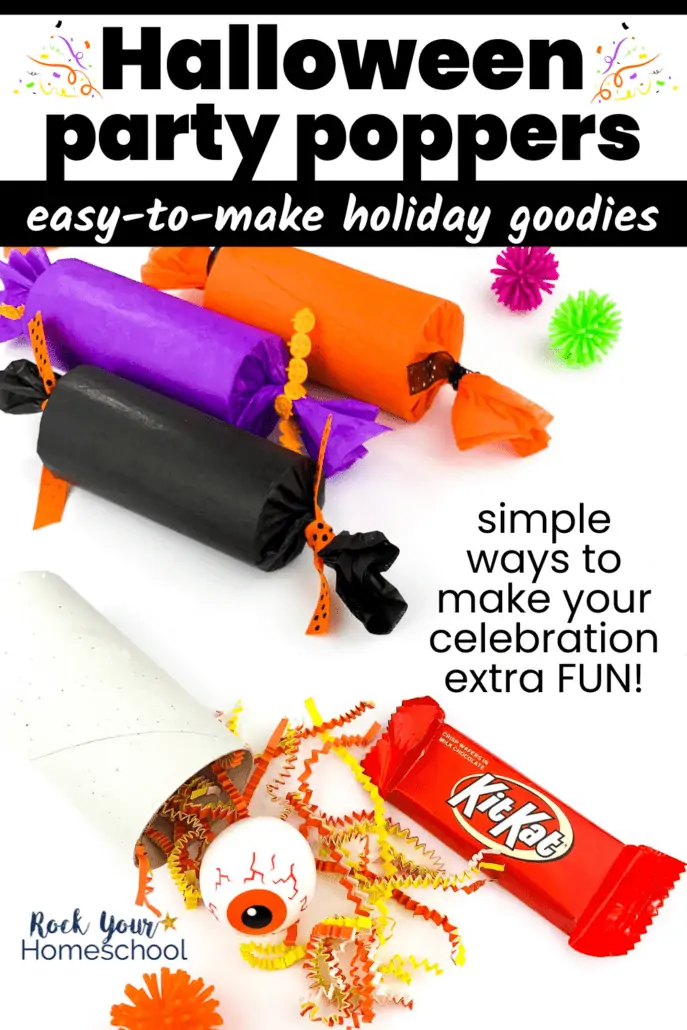 Halloween party poppers in black, purple, and orange tied with Halloween ribbon and small toys and white toilet paper roll with paper shred and toy eyeball and candy
