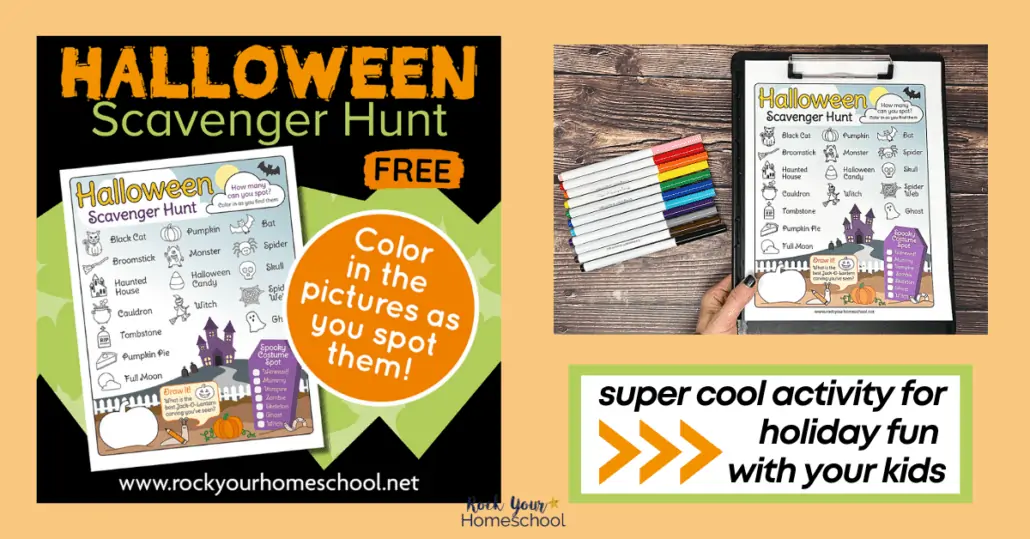 free printable Halloween scavenger hunt  mock-up and printable on black clipboard held by woman with rainbow of markers on wood background