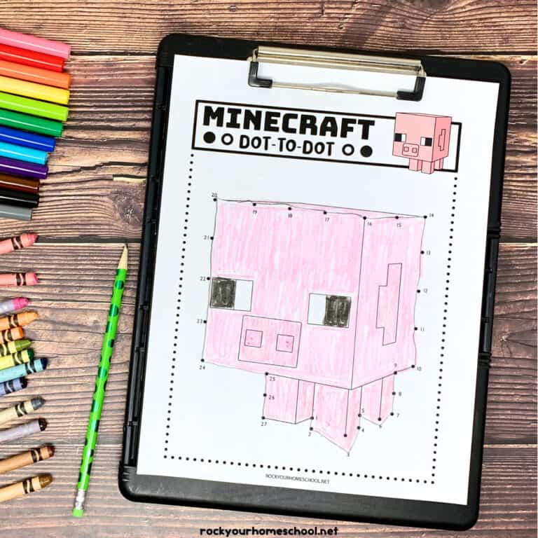 Example of Minecraft connect the dots activity page featuring Pig.