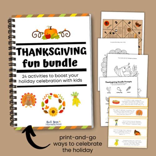 Thanksgiving fun bundle cover with example of printable activities of cootie catcher, turkey maze, coloring pages, doodle prompts, and activity prompts.