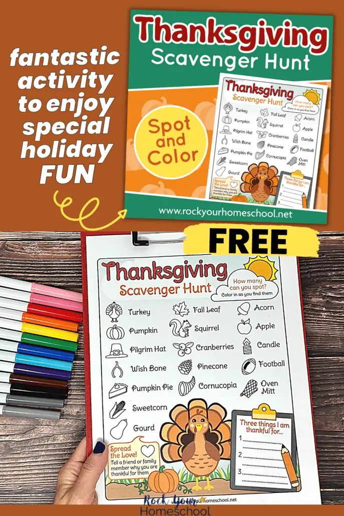 woman holding red clipboard with free printable Thanksgiving scavenger hunt with rainbow of markers on wood background