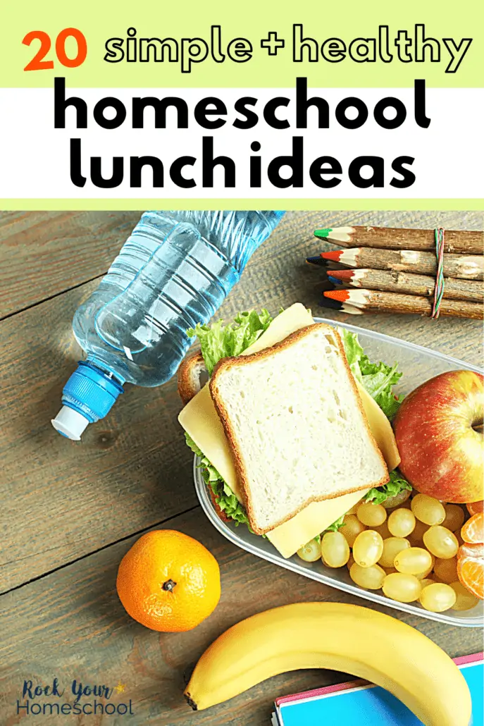 cheese and lettuce sandwich, apple, orange, banana, and water bottle with notebook and wood color pencils on wood background to feature these 20+ homeschool lunch ideas