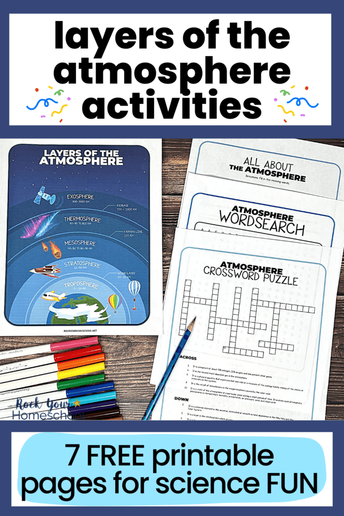 examples of 7 free printable layers of the atmosphere activities with blue pencil and rainbow of markers on wood background