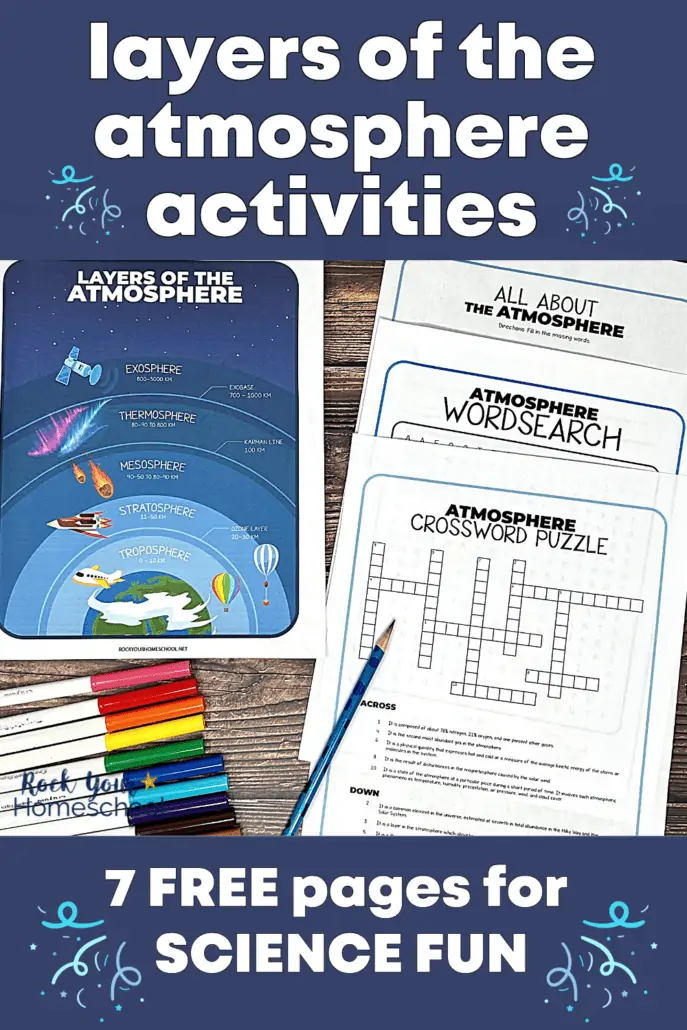 examples of free printable layers of the atmosphere activities with blue pencil and rainbow of markers on wood background