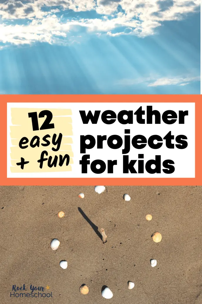 Sunbeams through white clouds in blue sky and homemade sundial made out of shells and stick in sand to feature these 12 weather projects for kids