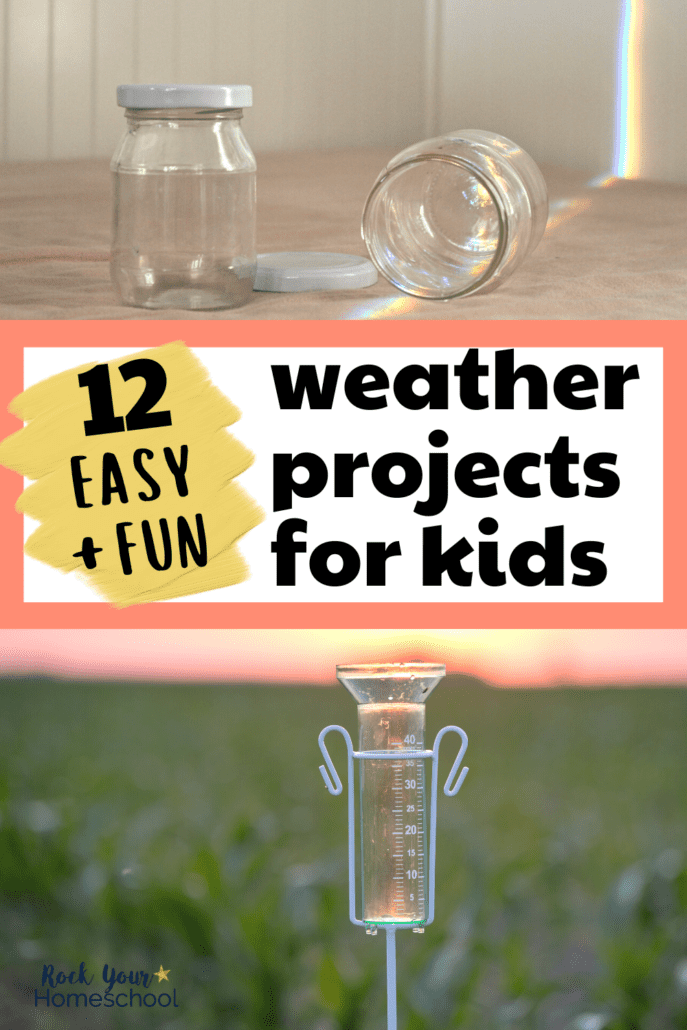 2 glass jars in sunlight with rainbow and glass rain gauge with background of grass and setting sun to feature these 12 weather projects for kids