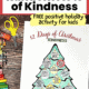 woman holding 12 Days of Christmas Random Acts of Kindness activity featuring Christmas tree and ornaments with prompts with rainbow of markers, crayons, glue stick, and yellow scissors on wood background