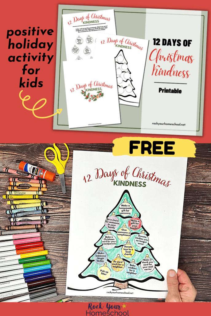 woman holding 12 days of Christmas Random Acts of Kindness activity featuring Christmas tree with ornaments with prompts and rainbow of markers, crayons, glue stick, yellow scissors on wood background