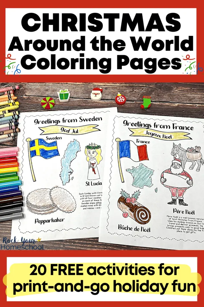 2 examples of Christmas around the world coloring pages to feature this free printable pack of 20 pages with rainbow of markers, crayons, and Christmas-themed mini-erasers on wood background