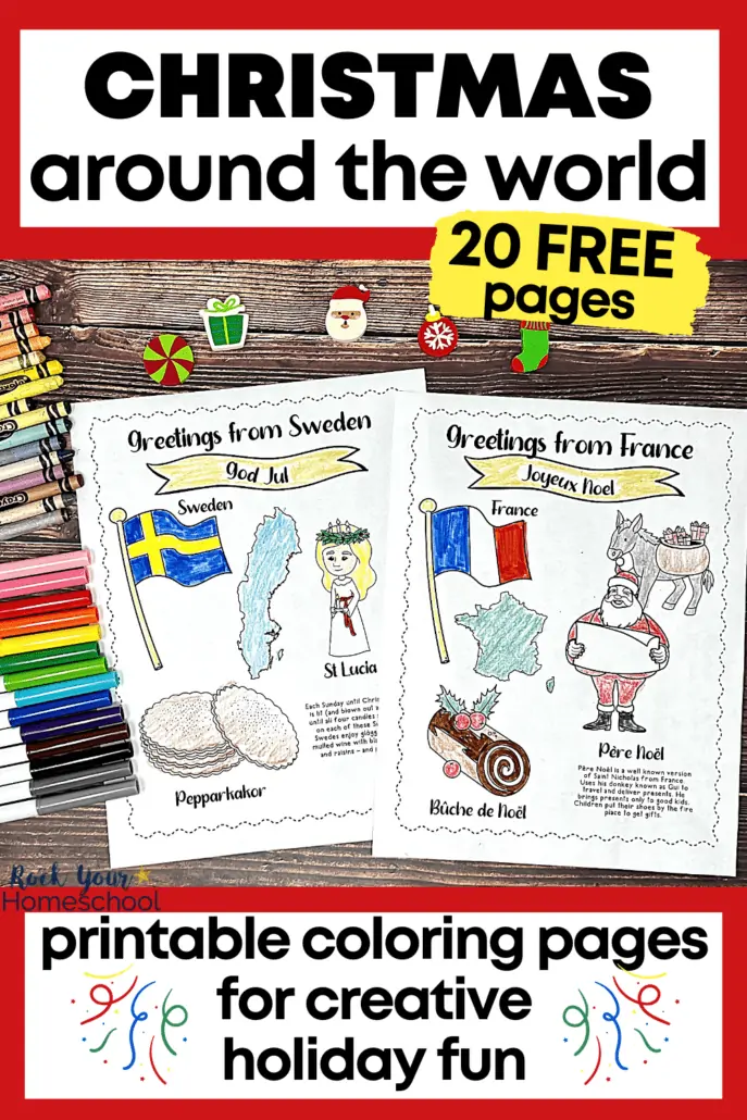 2 examples (Sweden and France) of the 20 free Christmas around the world coloring pages with rainbow of markers, crayons, and Christmas-themed mini-erasers on wood background