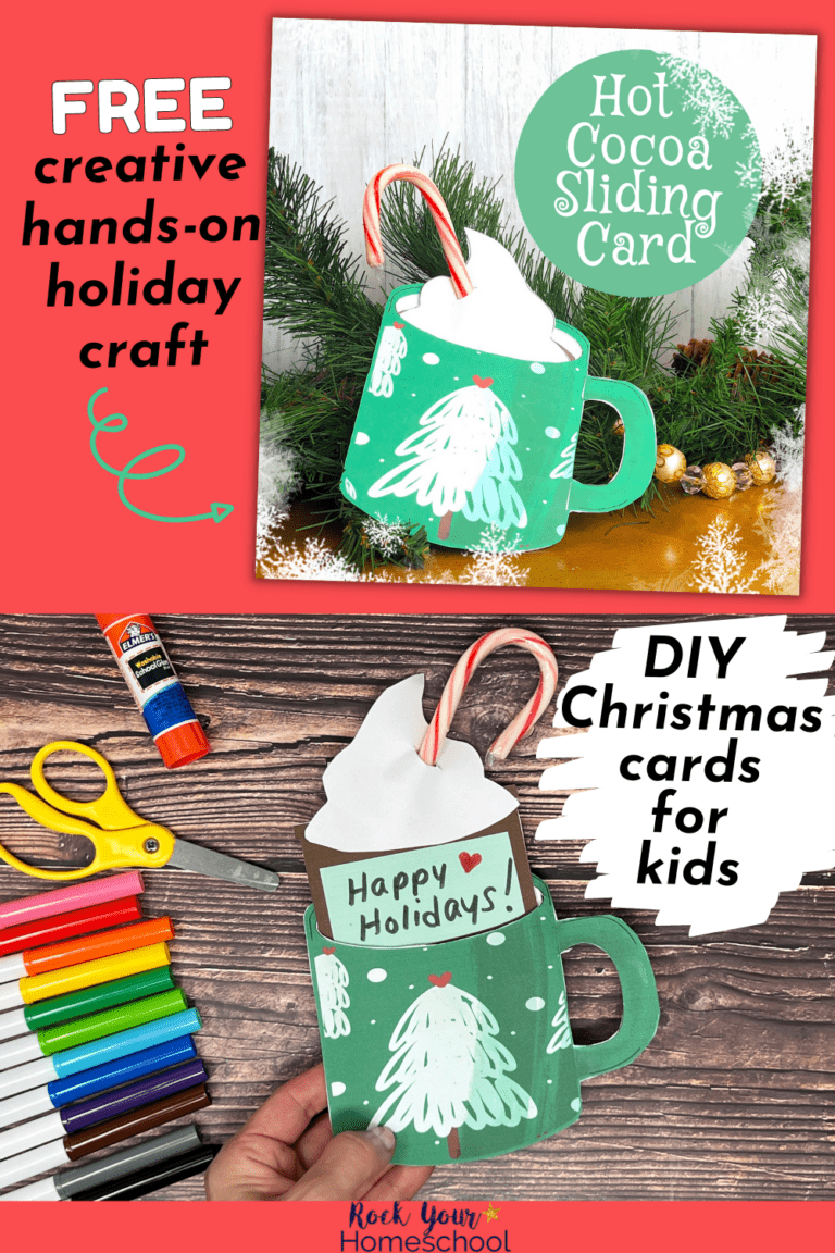 example of hot cocoa sliding card with pine and lights and woman holding DIY Christmas cards for kids of hot cocoa mug that says Happy Holidays and rainbow of markers, yellow scissors, and glue stick on wood background