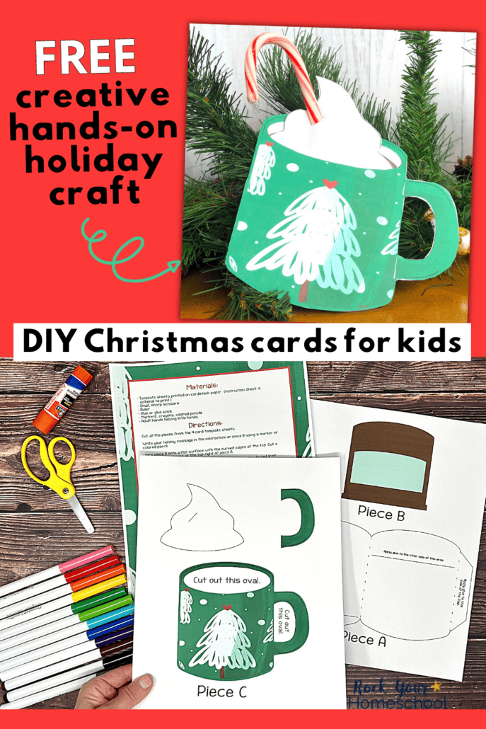 example of hot cocoa sliding mug and woman holding page from free printable set of DIY Christmas cards for kids with rainbow of markers, yellow scissors, and glue stick on wood background