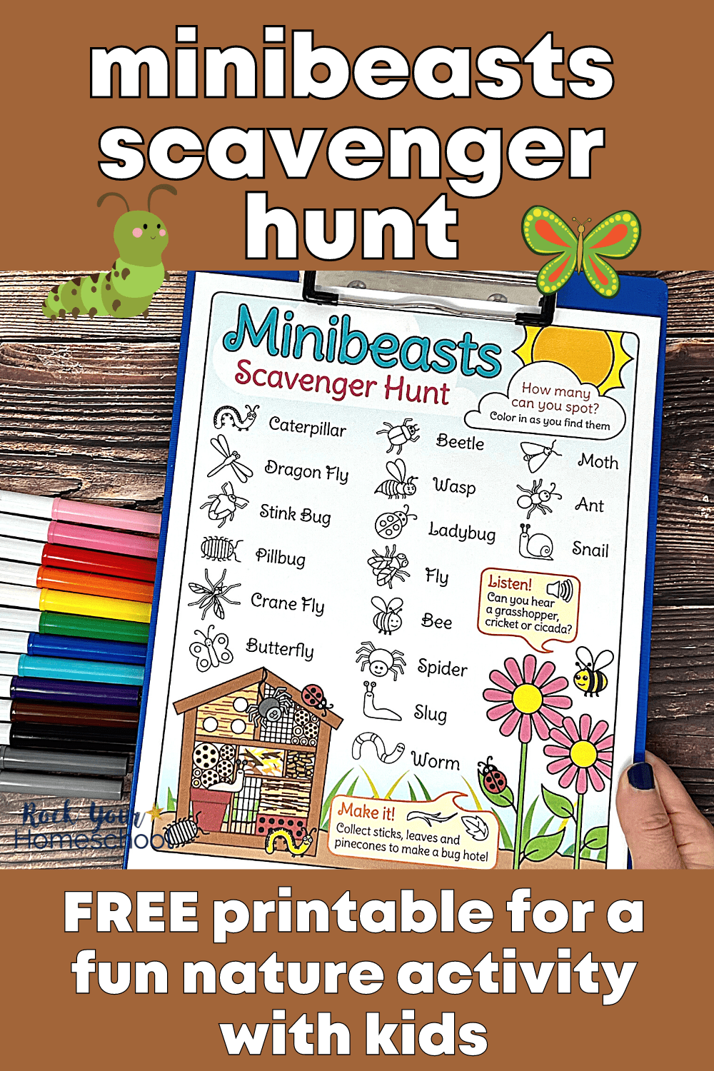 woman holding blue clipboard with free printable minibeasts scavenger hunt with rainbow of markers on wood background