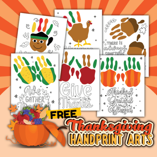 This free set of Thanksgiving handprint art activities includes 10 styles in color plus black-and-white templates for simple ways to creative special holiday memories with your kids.