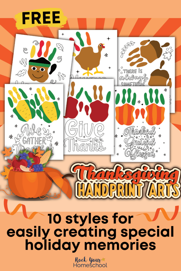 mock-up of free Thanksgiving handprint art activities with color examples of Native American, turkey, acorns, ears of corn, apples, and pumpkins with Thanksgiving messages and pumpkin with fruits
