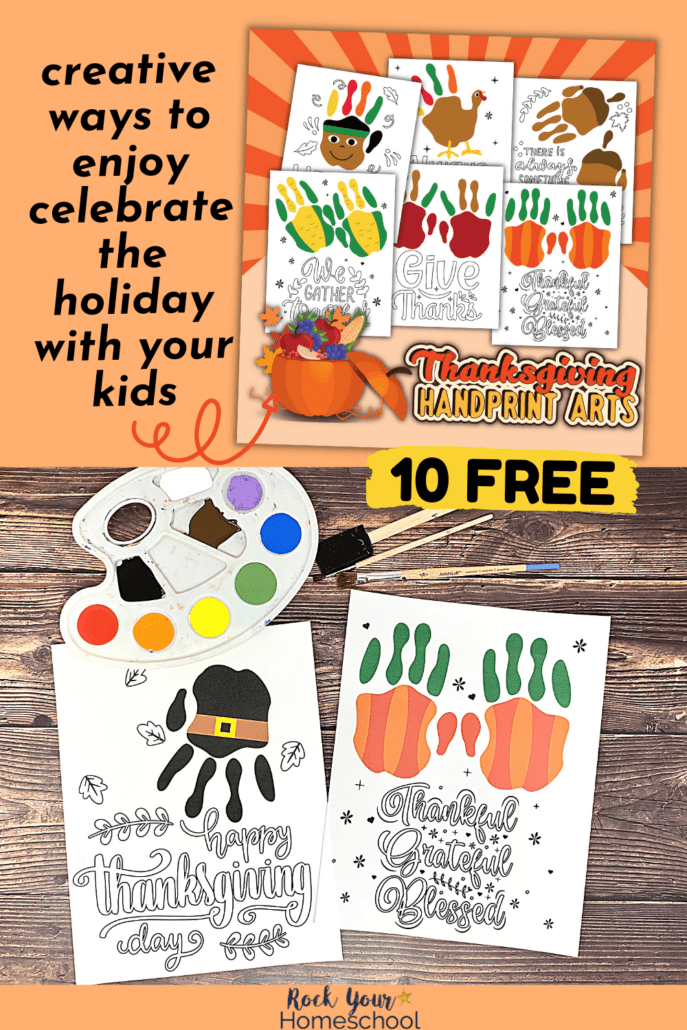 mock-up of free Thanksgiving handprint art activities and examples of pilgrim hat and pumpkins with rainbow of paint on palette with brushes on wood background