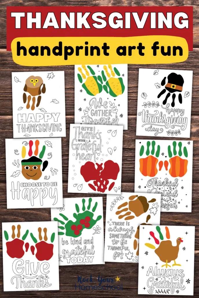 10 free Thanksgiving handprint art activities examples with Thanksgiving messages and owl, ears of corn, pilgrim hat, Native American, heart, pumpkins, apples, berry sprigs, acorns and turkey on wood background