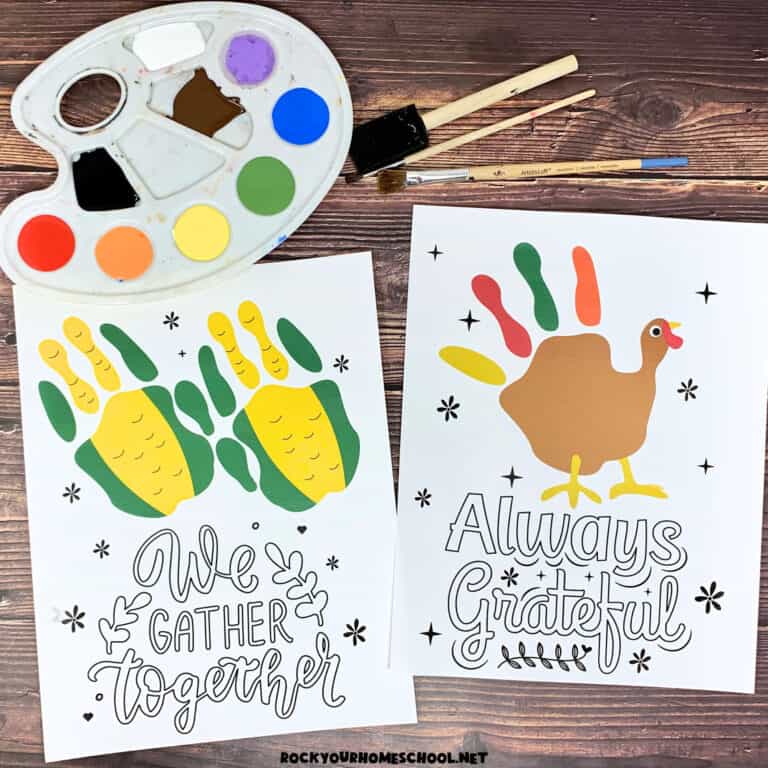 Two examples of free printable Thanksgiving handprint art templates of corn and turkey.