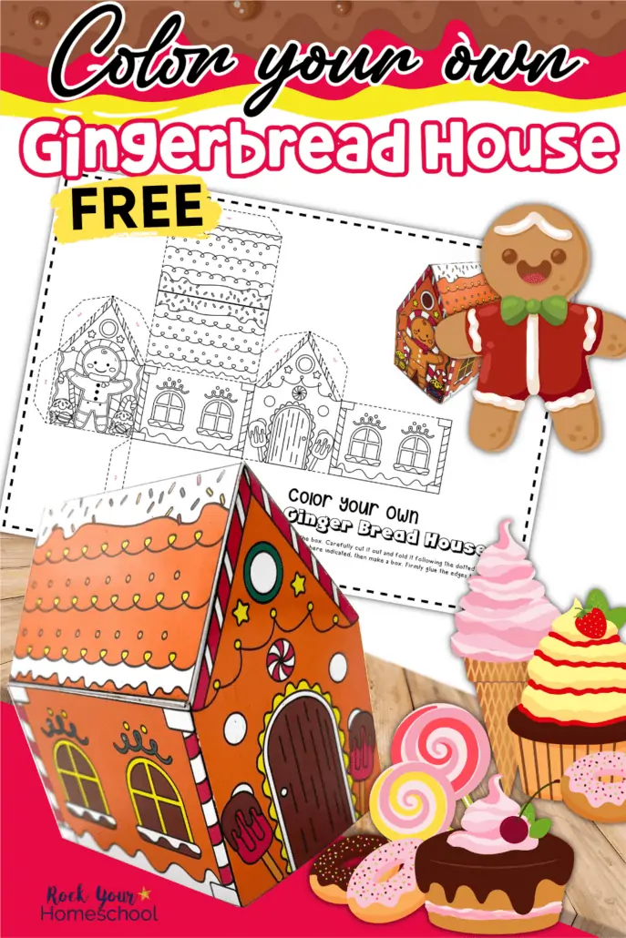 free printable gingerbread house coloring page with 3D gingerbread house, candies, cupcakes, and smiling gingerbread man