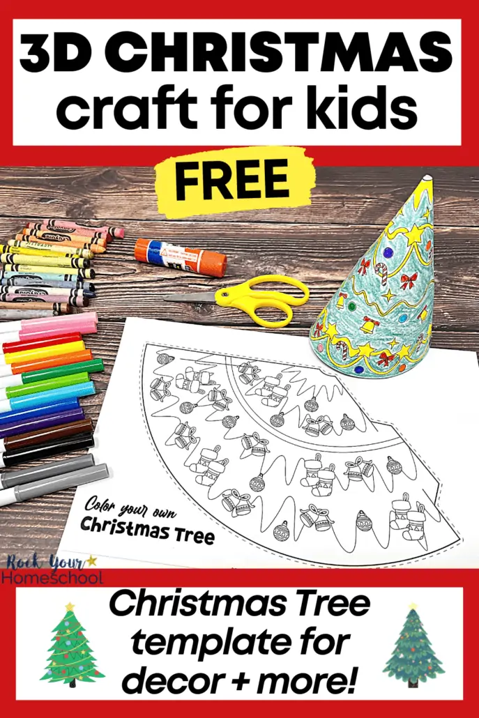example of printable 3D Christmas tree template with black-and-white page and rainbow of crayons and markers with yellow scissors and glue stick on wood background