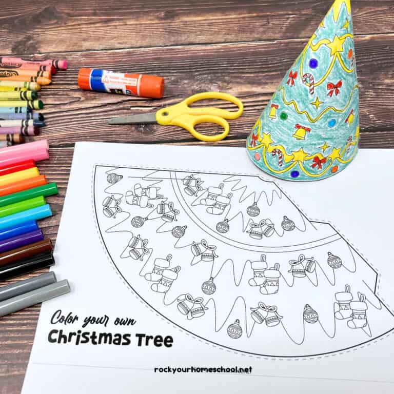 Free 3D paper Christmas tree template page in 2 styles with 3D Christmas tree example.