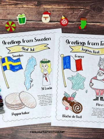 Two examples of Christmas around the world coloring pages to feature this free printable pack of 20 pages with rainbow of markers, crayons, and Christmas-themed mini-erasers on wood background.