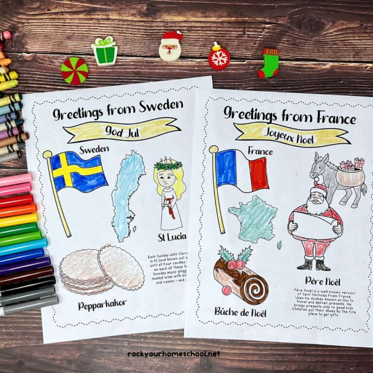 Two examples of Christmas around the world coloring pages to feature this free printable pack of 20 pages with rainbow of markers, crayons, and Christmas-themed mini-erasers on wood background.