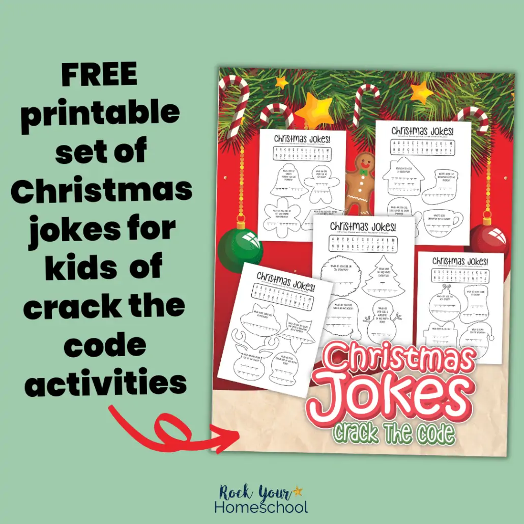 This free printable set of Christmas jokes for kids includes 8 pages (32 jokes) of crack the code activities.