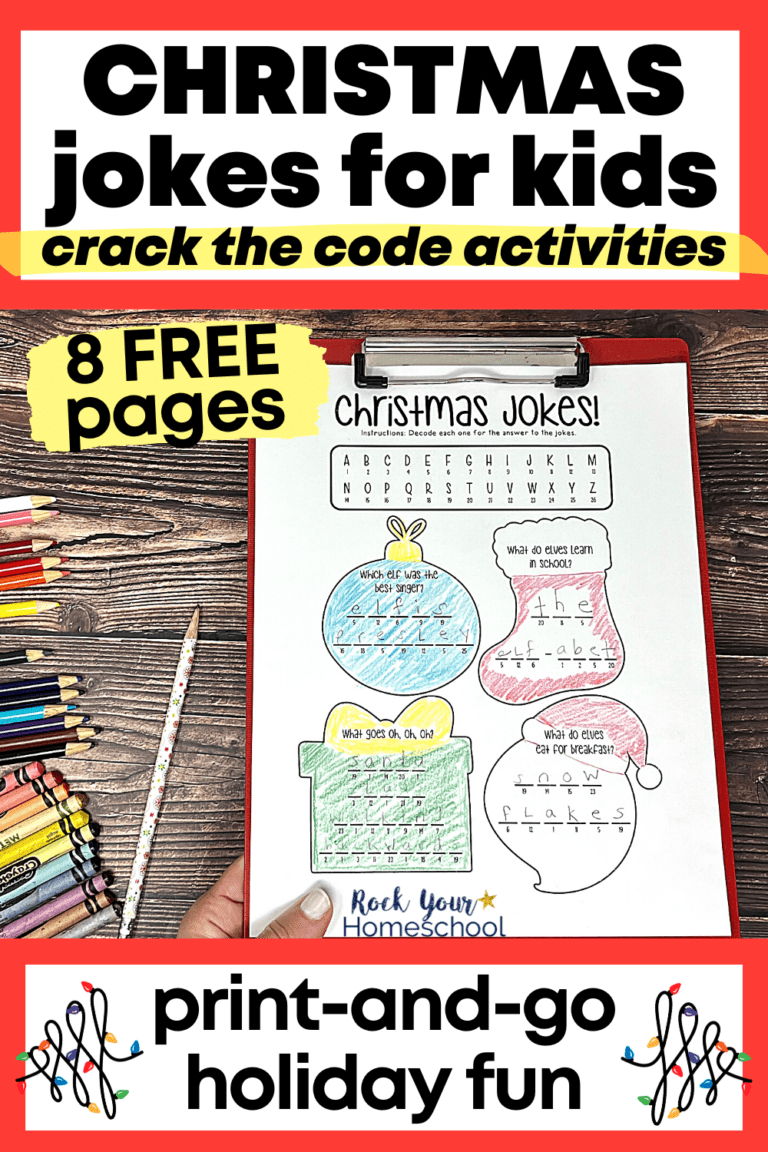 woman holding red clipboard with example of free printable Christmas jokes for kids with crack the code activities with color pencils, crayons, and Christmas pencil on wood background