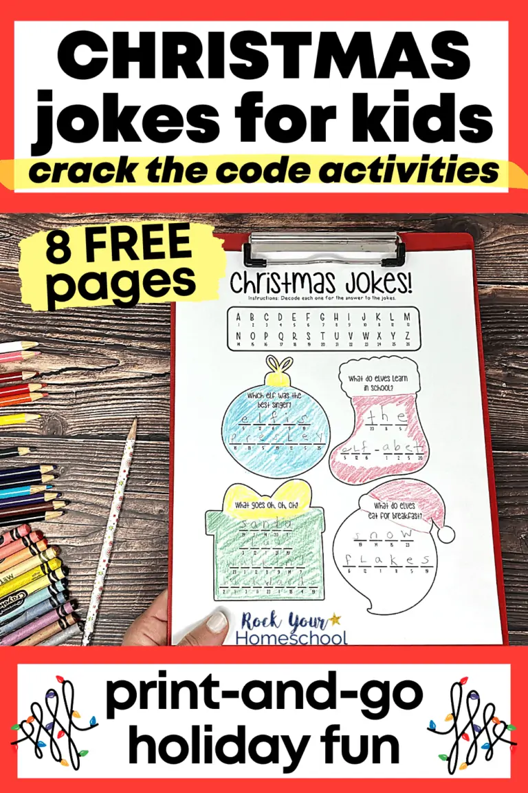 woman holding red clipboard with example of free printable Christmas jokes for kids with crack the code activities with color pencils, crayons, and Christmas pencil on wood background