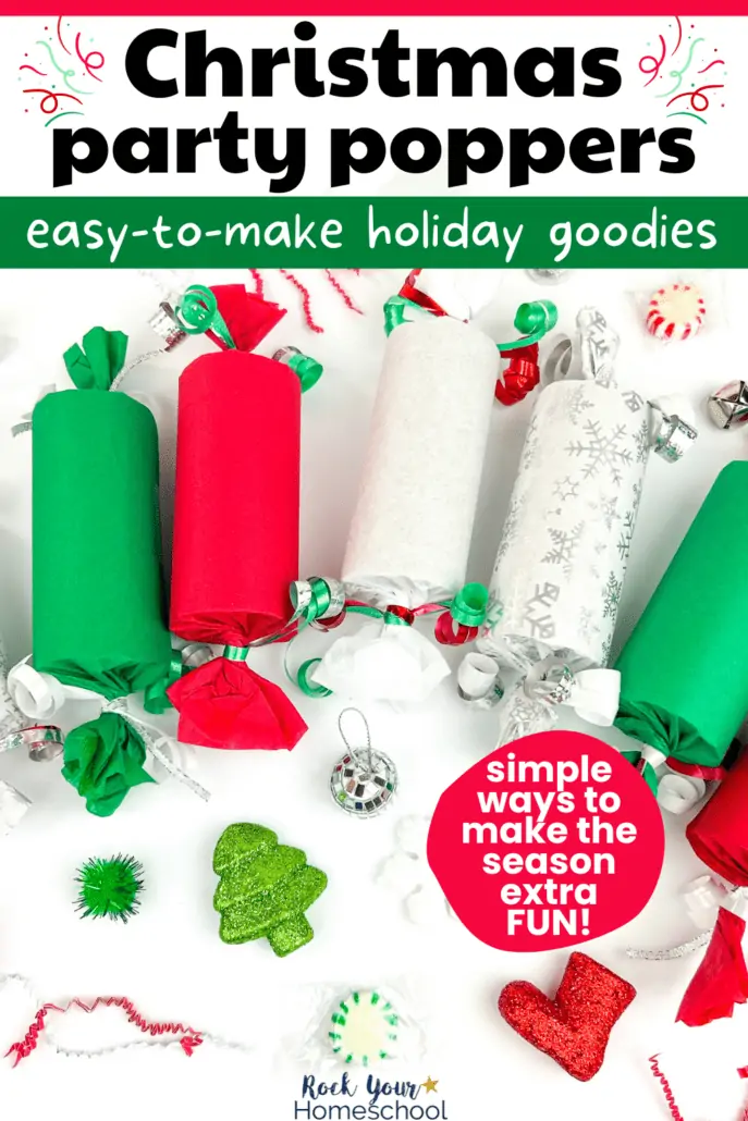 Christmas party poppers in silver snowflake, white, green, and red with holiday-themed treats